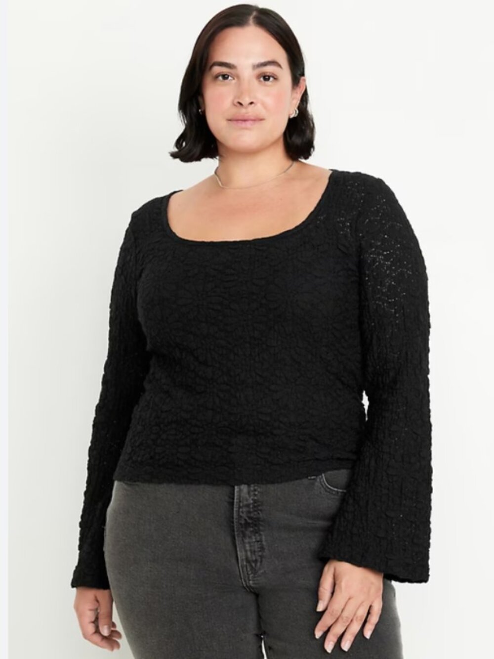 Old Navy Black Textured Scoop Neck Long Sleeve Top Size XL